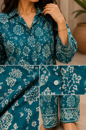 Teal Premium Leaf Print Co-Ord Set – Close-Up Fabric Detail