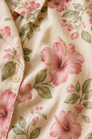 Hibiscus Floral Print Cotton Co-Ord Set for Women – Close-Up Fabric Detail