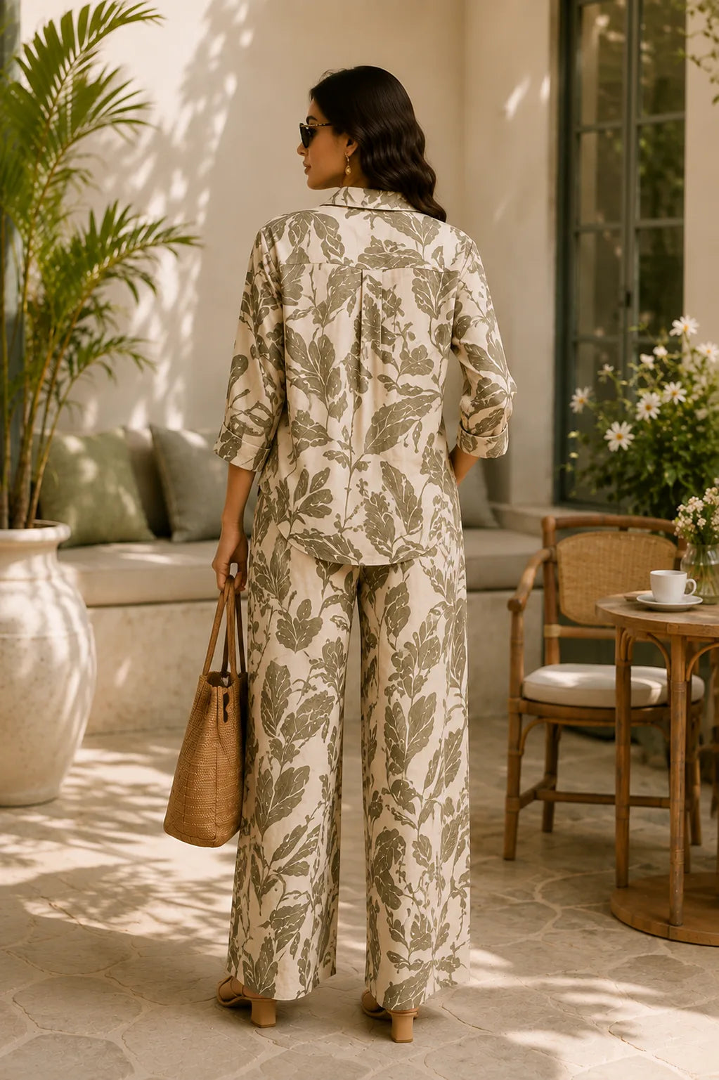 Vintage Leaf Print Co-Ord Set for Women – Back View