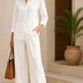 White premium linen blend co-ord set with relaxed wide-leg pants