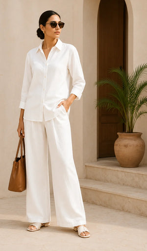 White Premium Linen Blend Co-Ord Set – Full Outfit View