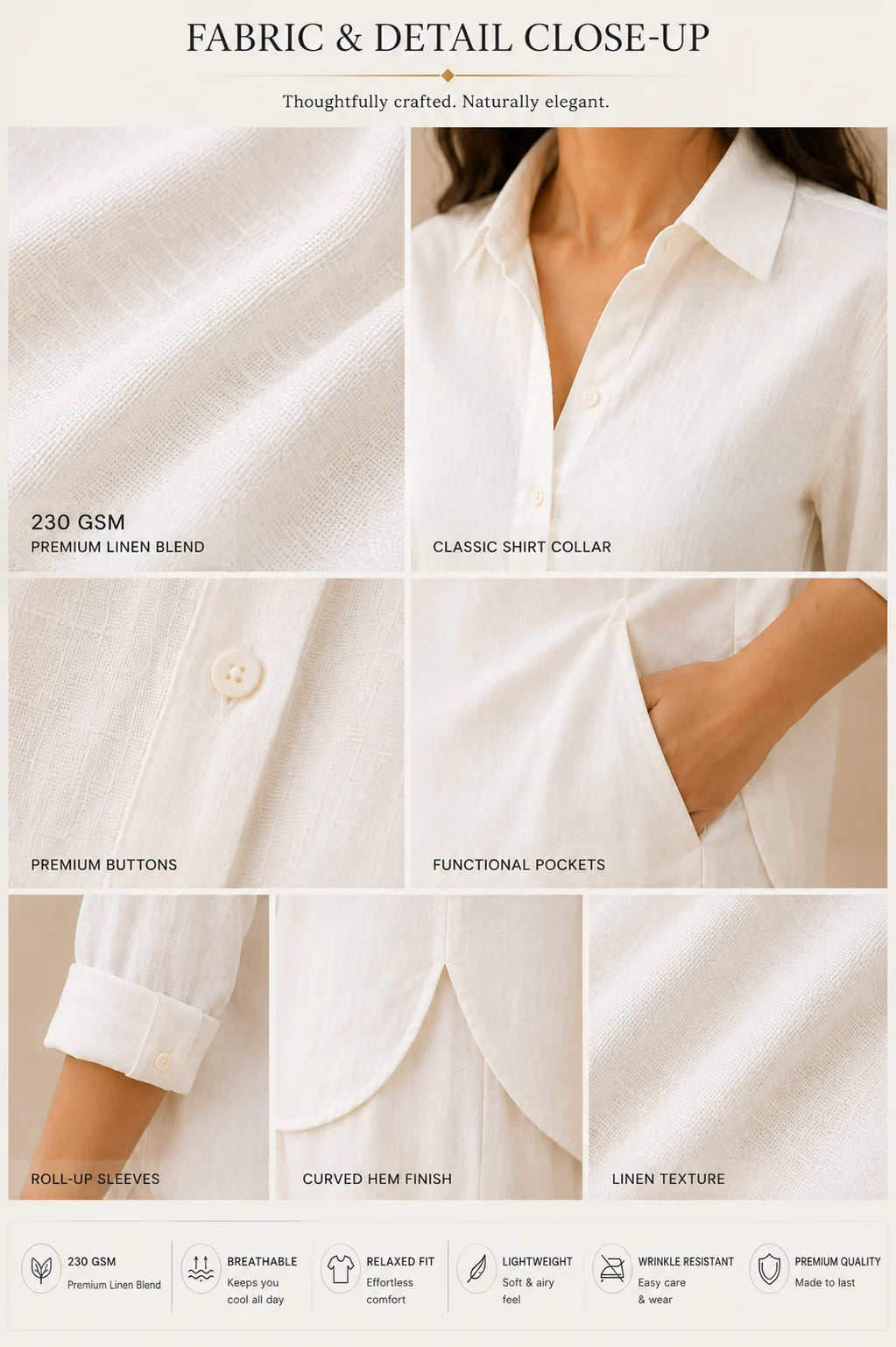 White Premium Linen Blend Co-Ord Set – Close-Up Fabric Detail
