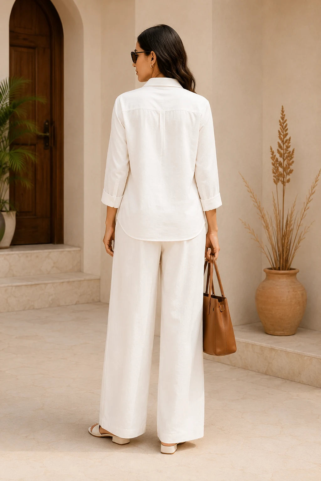 White Premium Linen Blend Co-Ord Set with Relaxed Wide-Leg Pants – Back View