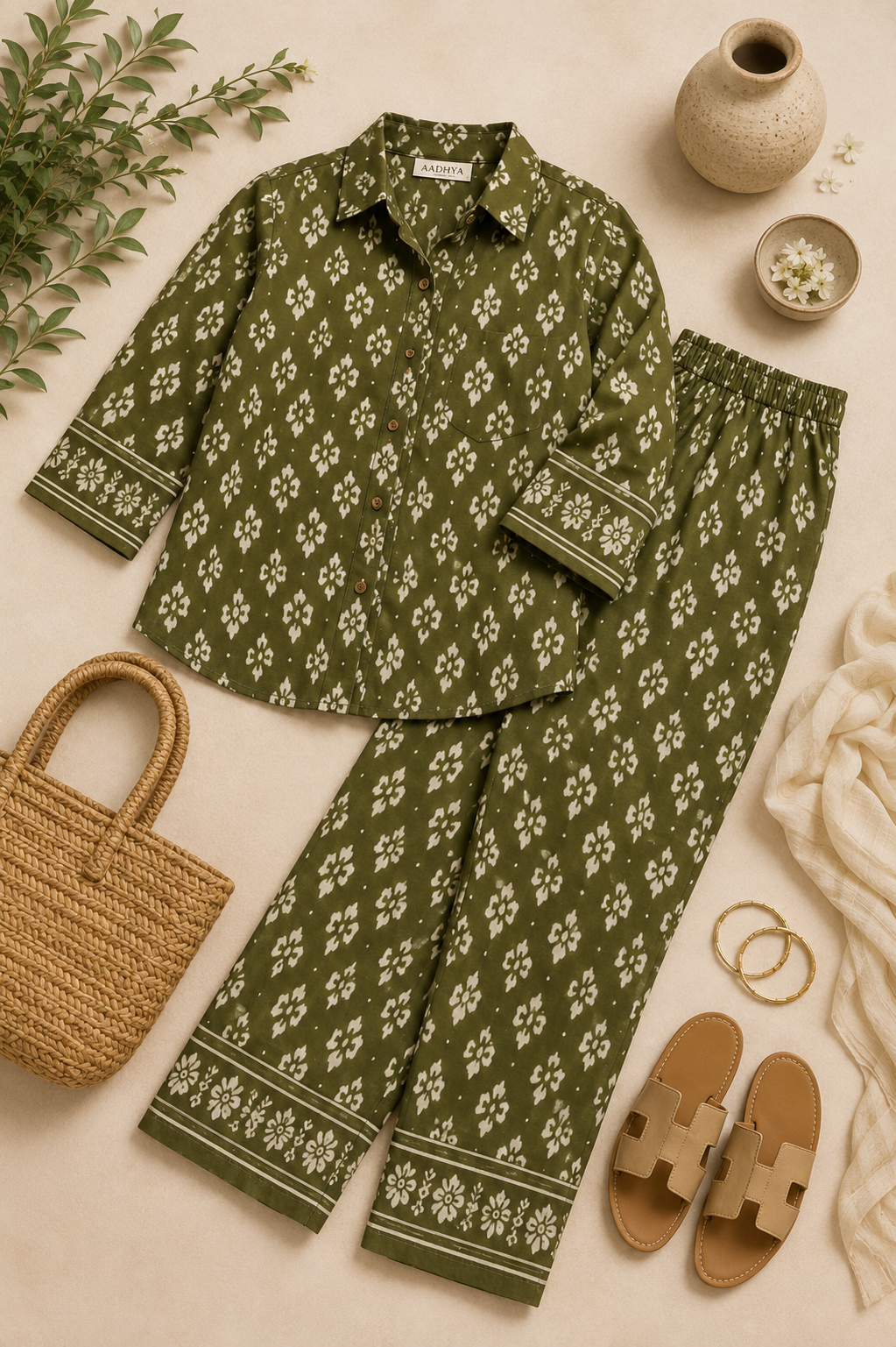 Olive Dabu Cotton Co-Ord Set for Women