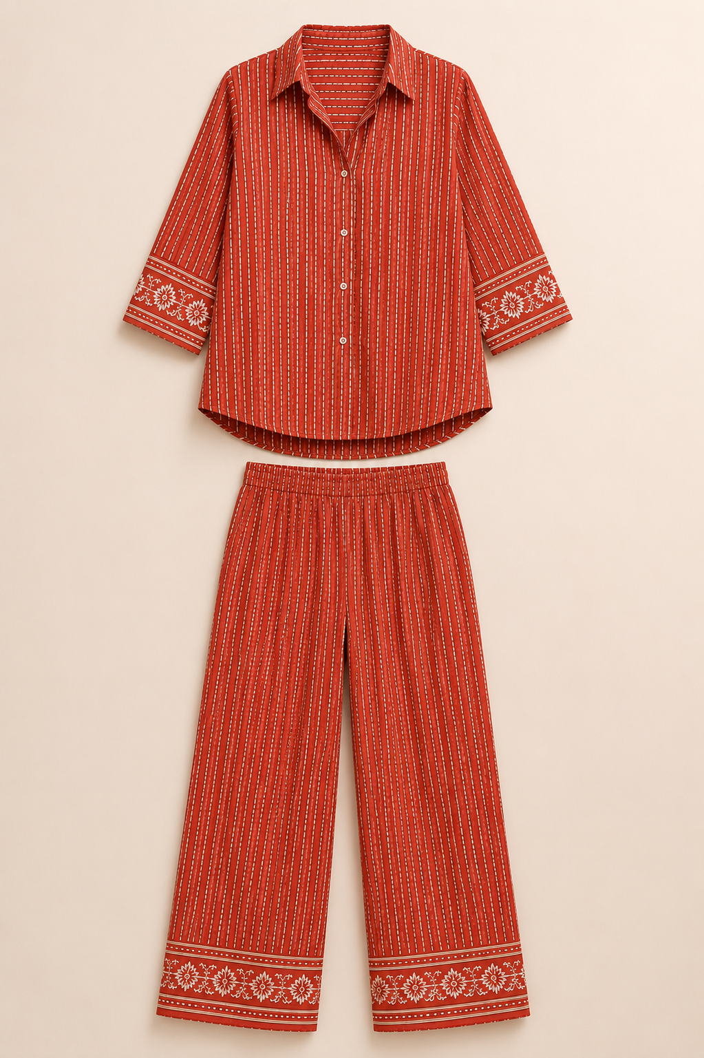 Terracotta Stripe Women's Cotton Flex Handblock Inspired Co-Ord Set