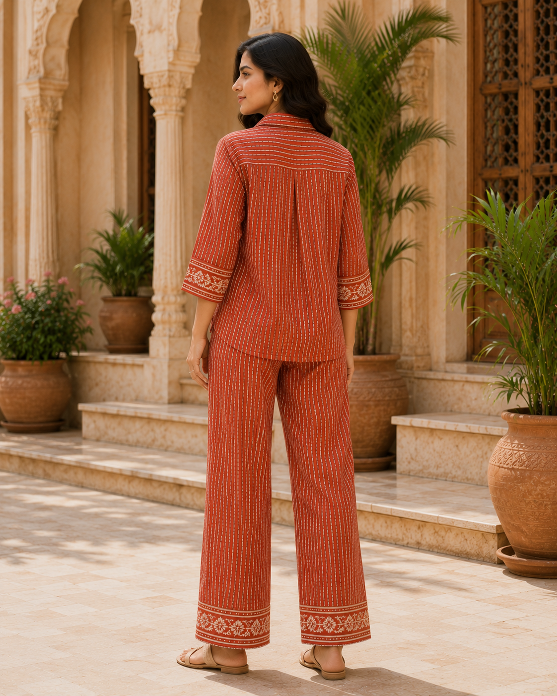 Terracotta Stripe Women's Cotton Flex Handblock Inspired Co-Ord Set