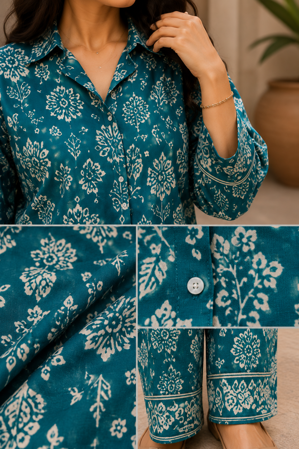 Teal Leaf Cotton Co-Ord Set for Women