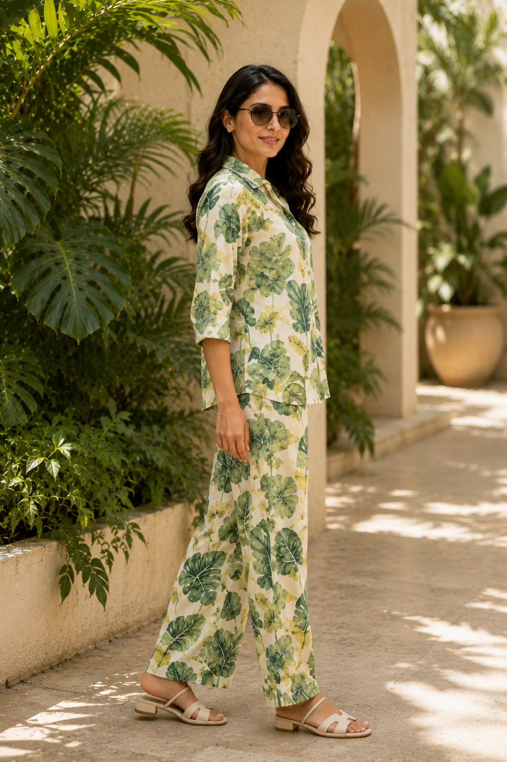 BOTANICAL ESCAPE Green Tropical Printed Co-Ord Set for Women