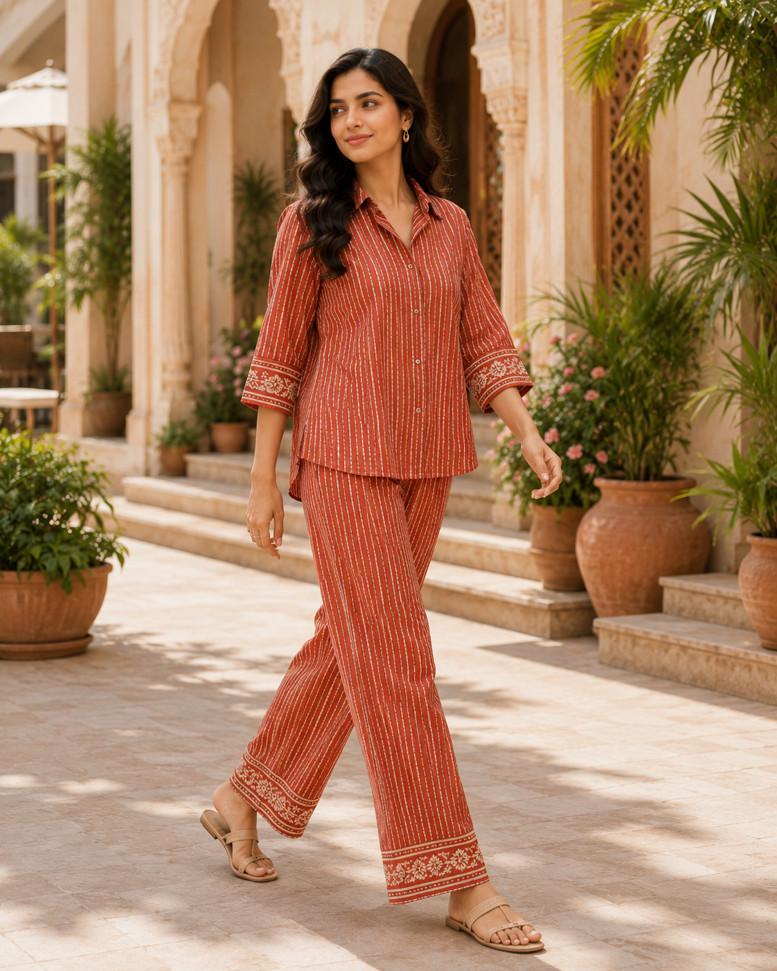 Terracotta Stripe Women's Cotton Flex Handblock Inspired Co-Ord Set
