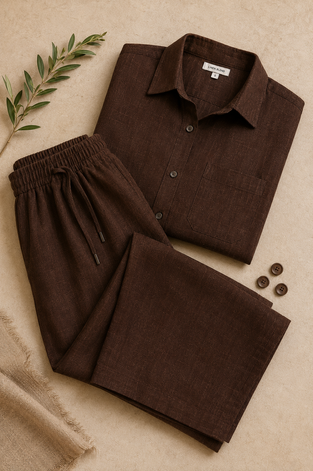 COFFEE BROWN Premium Linen Blend Relaxed Co-Ord Set