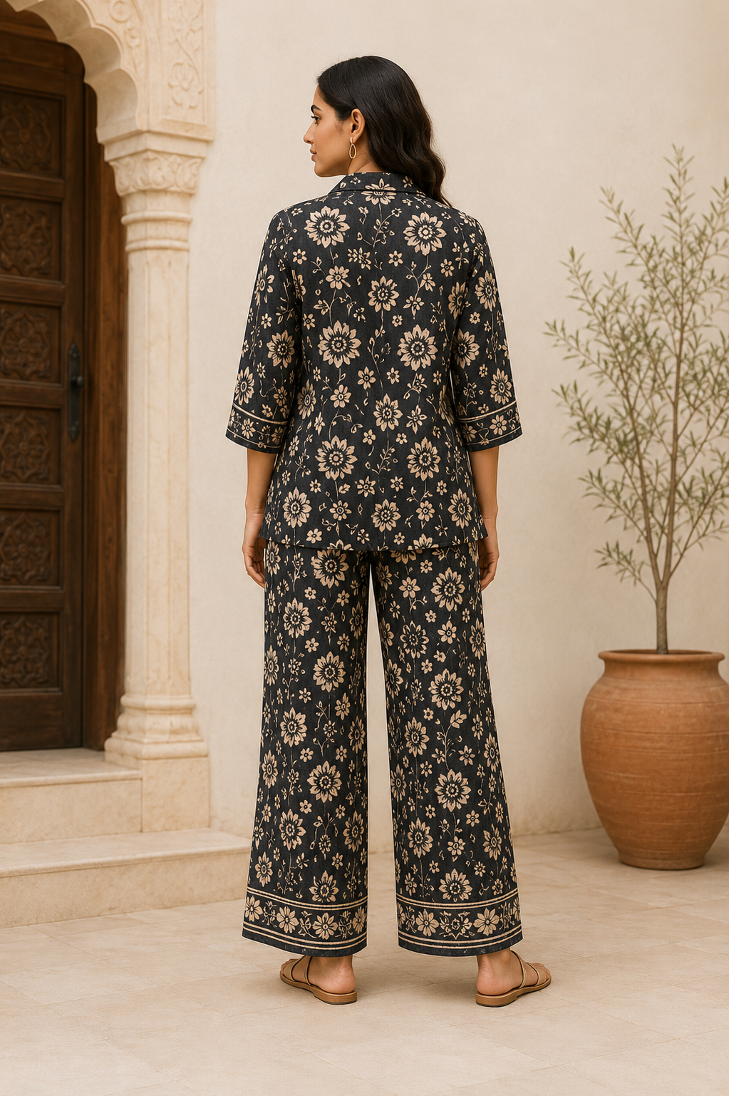 Charcoal Floral Handblock Inspired Cotton Co-Ord Set for Women