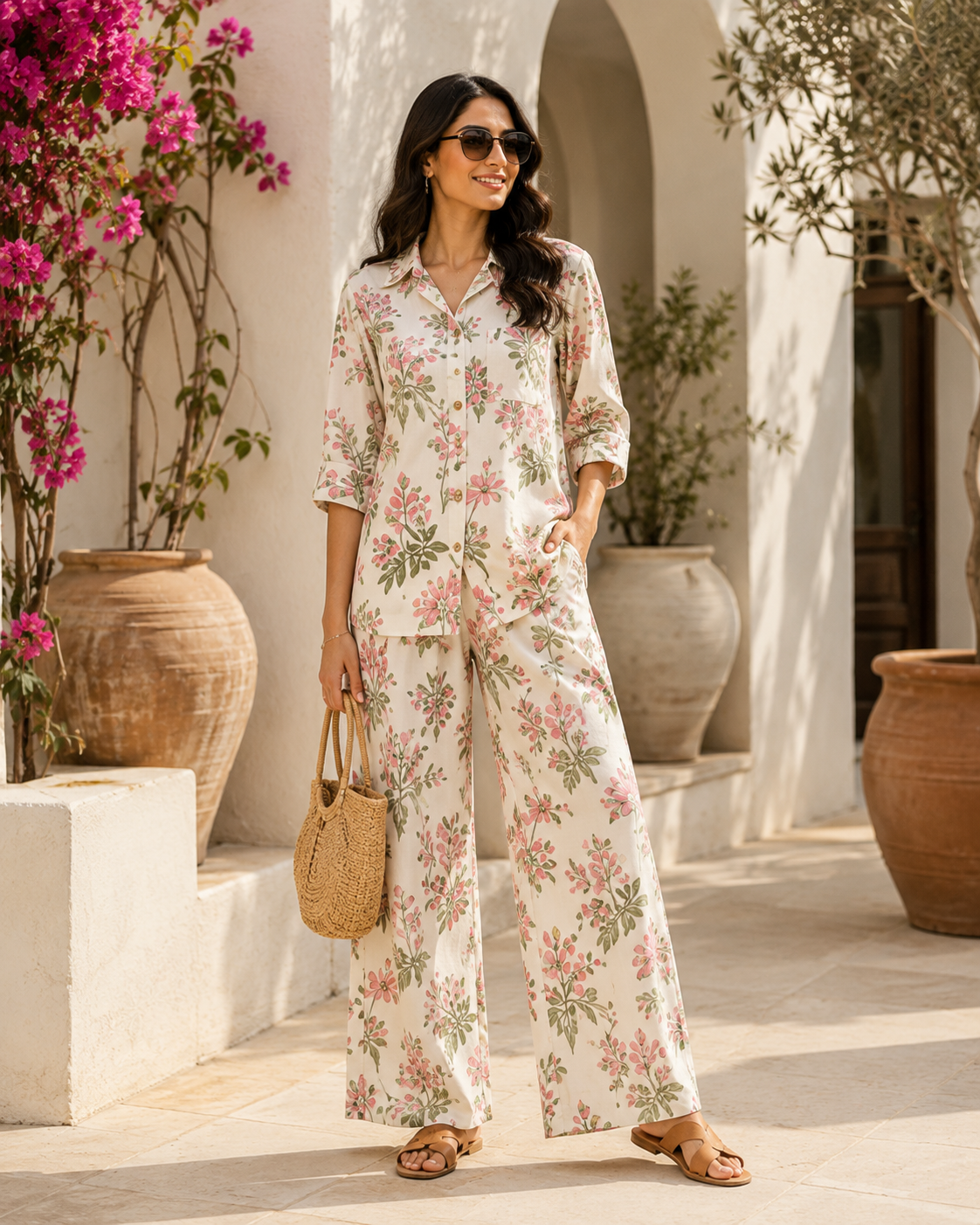 Mediterranean Bloom Floral Cotton Linen Co-Ord Set