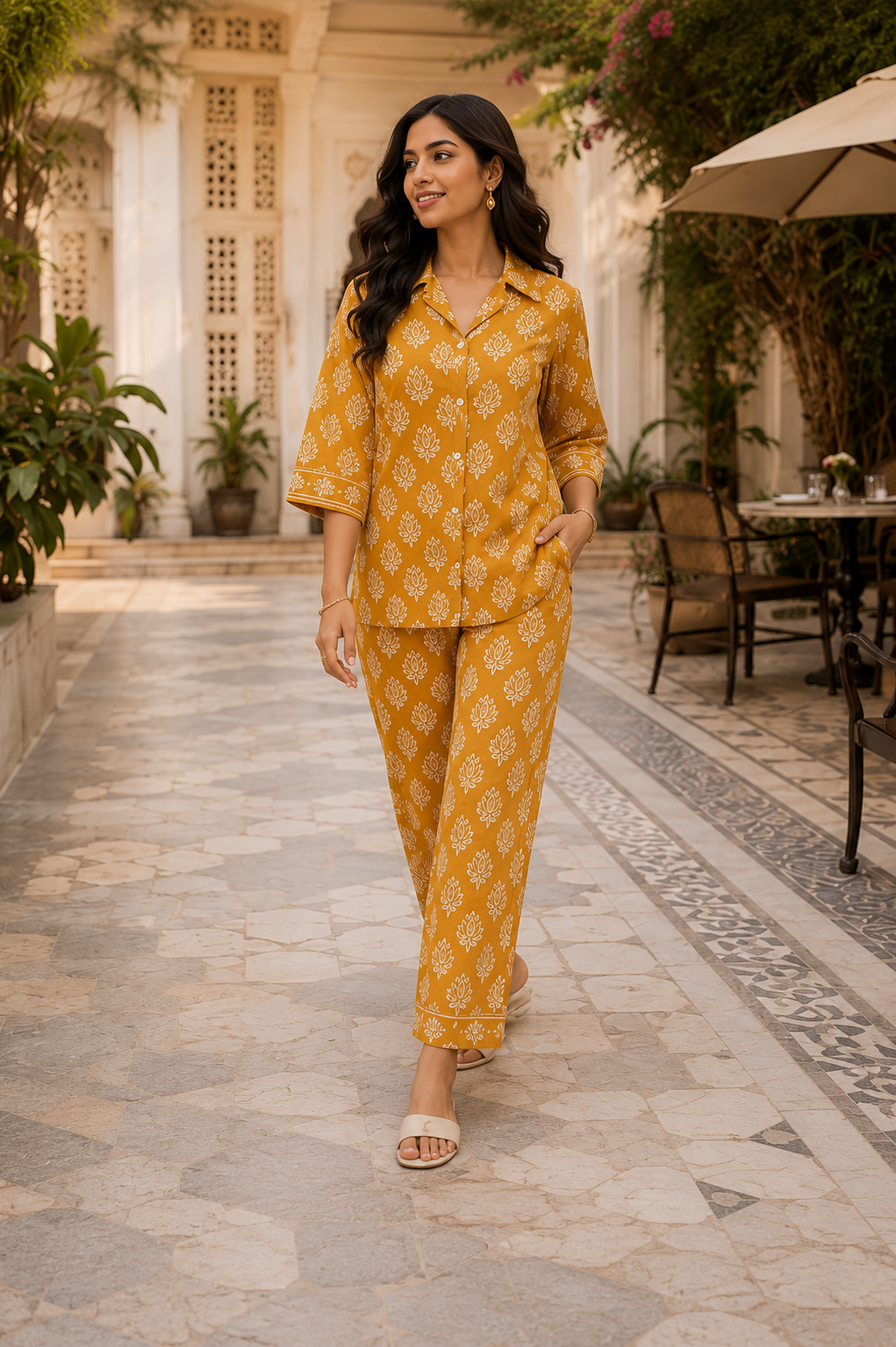 Mustard Lotus Cotton Co-Ord Set for Women