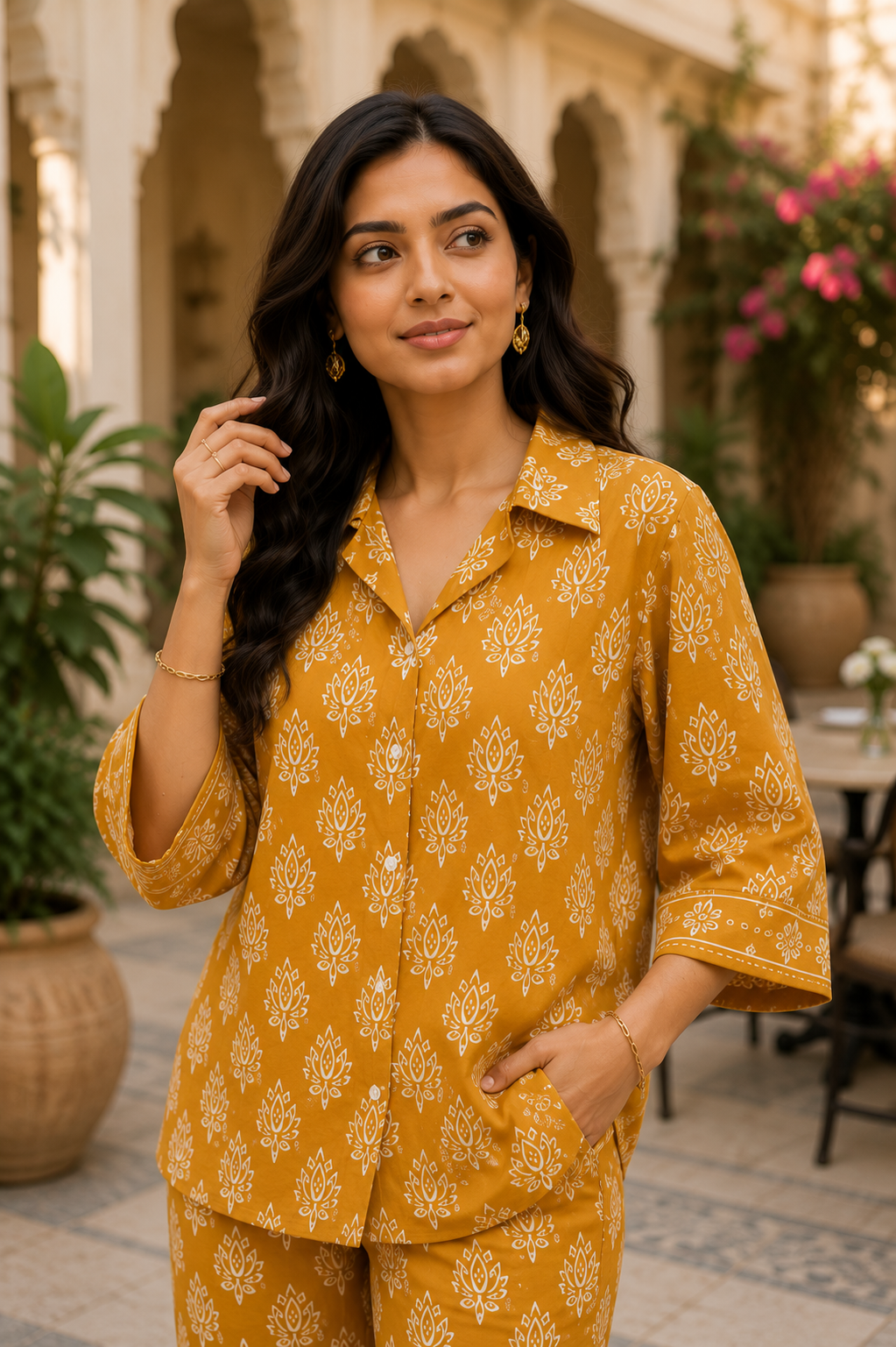 Mustard Lotus Cotton Co-Ord Set for Women