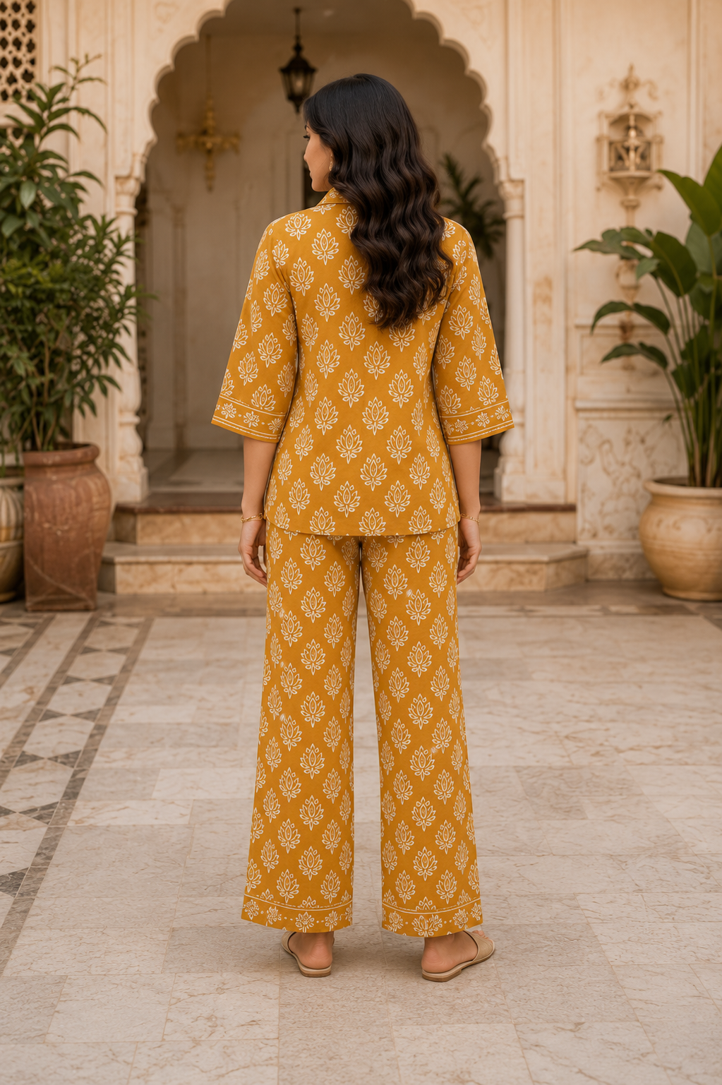 Mustard Lotus Cotton Co-Ord Set for Women