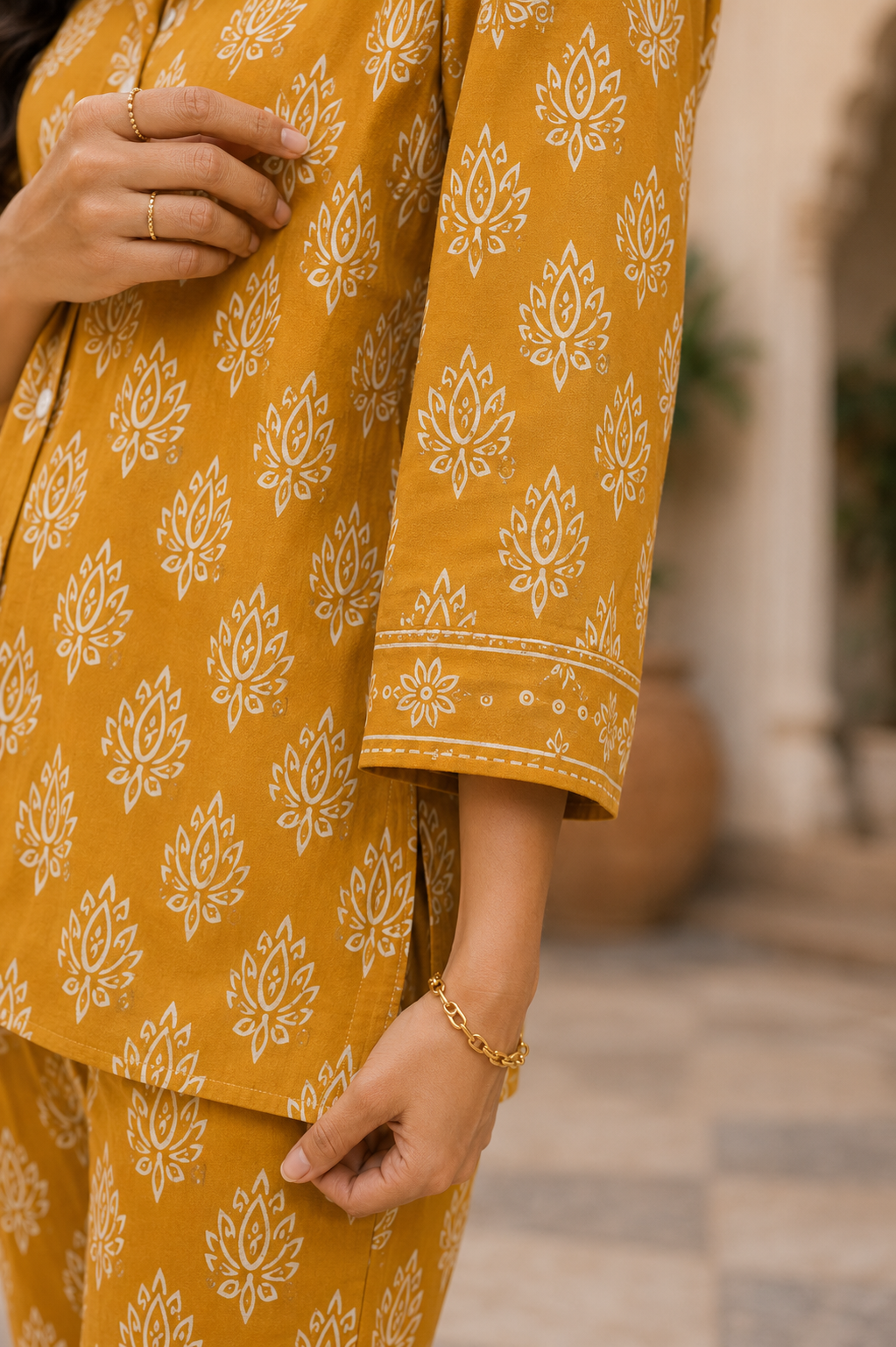 Mustard Lotus Cotton Co-Ord Set for Women