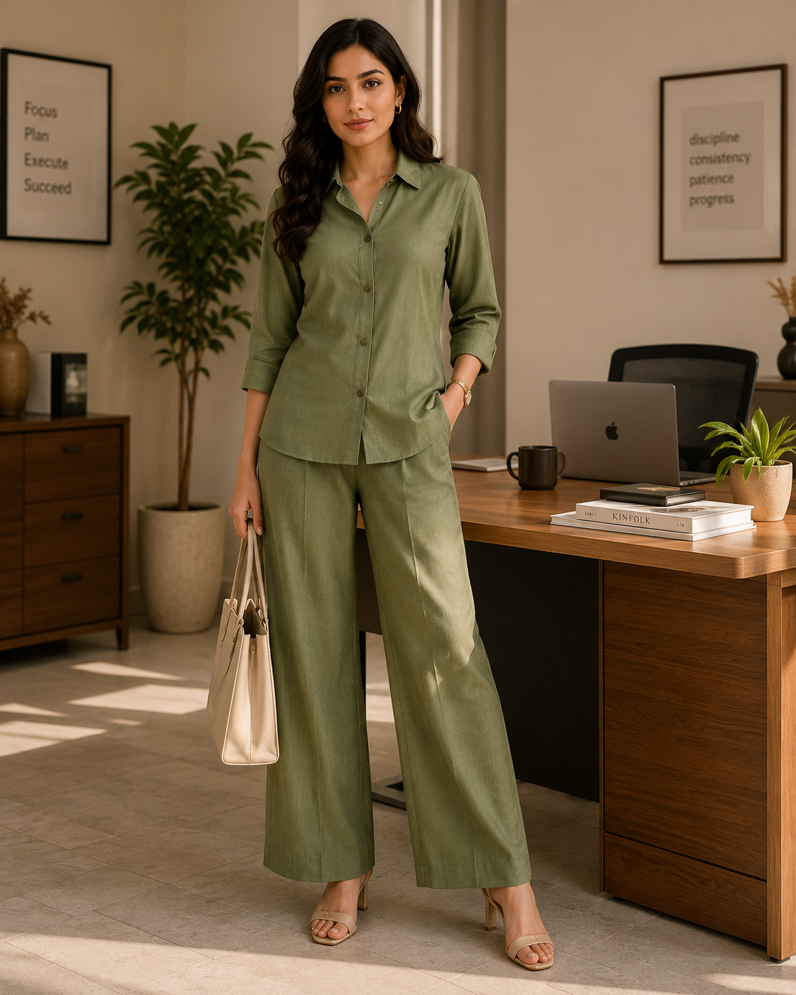 SOLID STATEMENT Olive Cotton Linen Co-ord Set