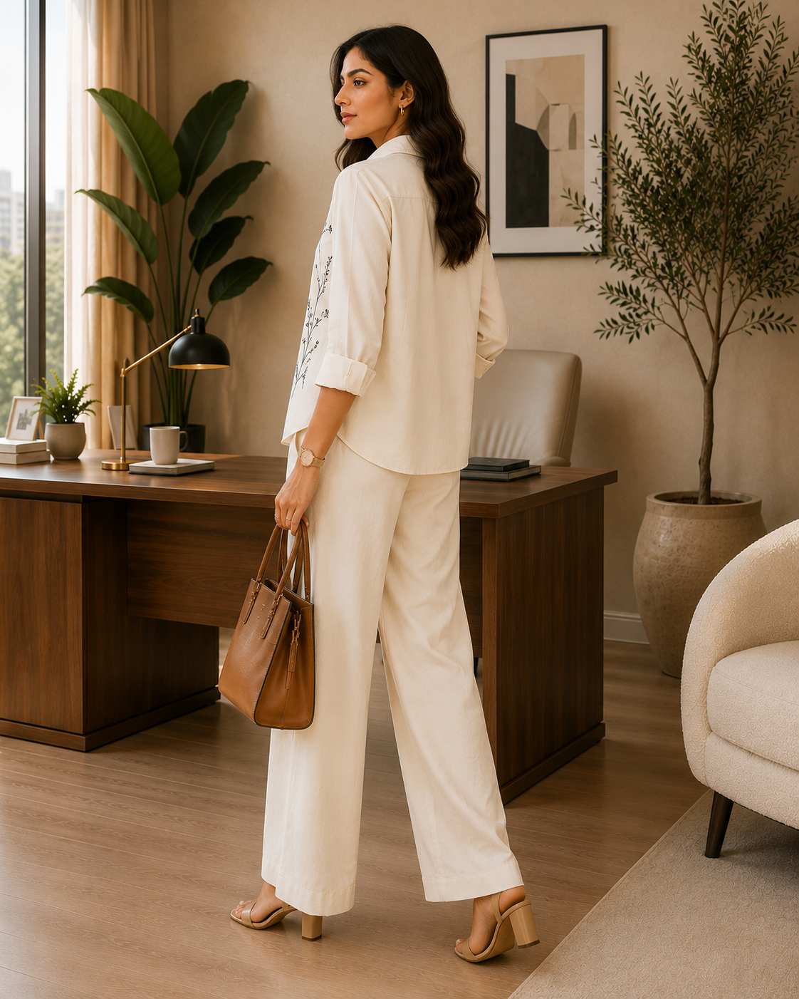 MINIMAL EMBROIDERY Ivory Cotton Linen Co-ord Set