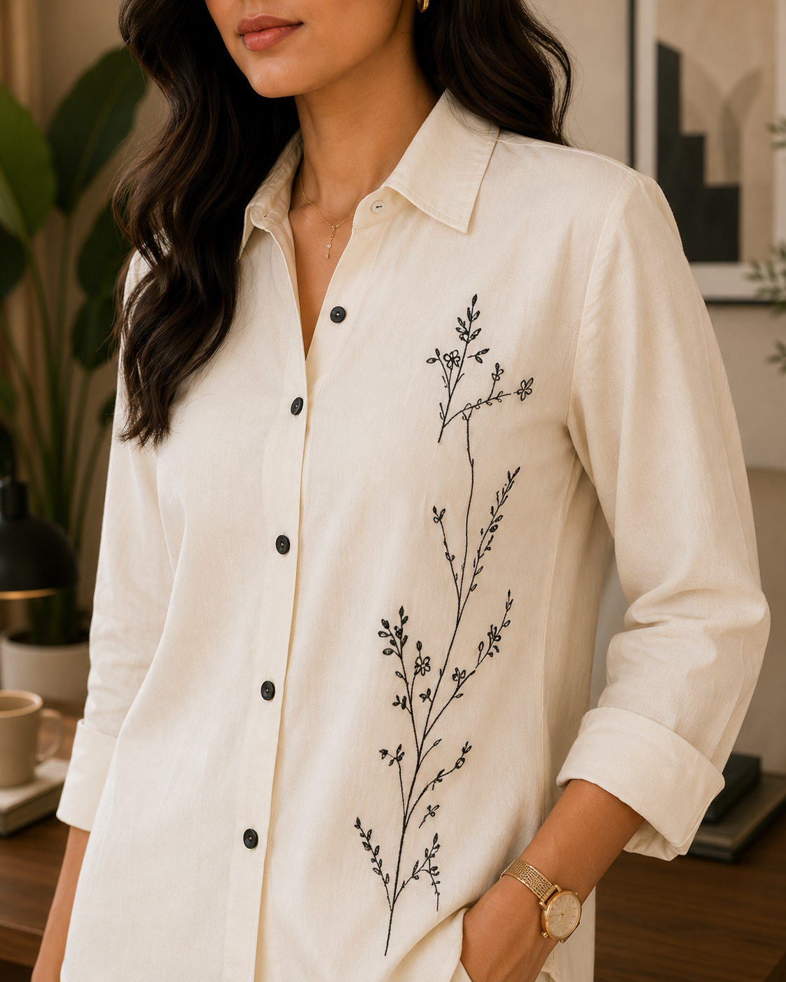 MINIMAL EMBROIDERY Ivory Cotton Linen Co-ord Set