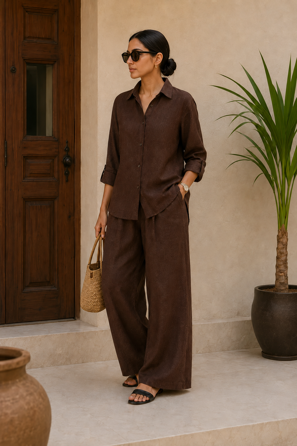 COFFEE BROWN Premium Linen Blend Relaxed Co-Ord Set