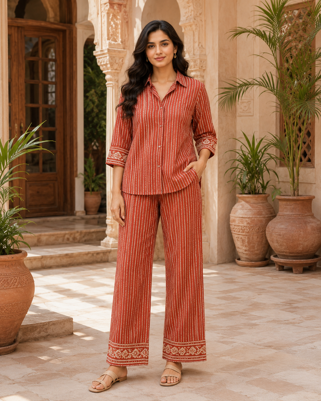 Terracotta Stripe Women's Cotton Flex Handblock Inspired Co-Ord Set