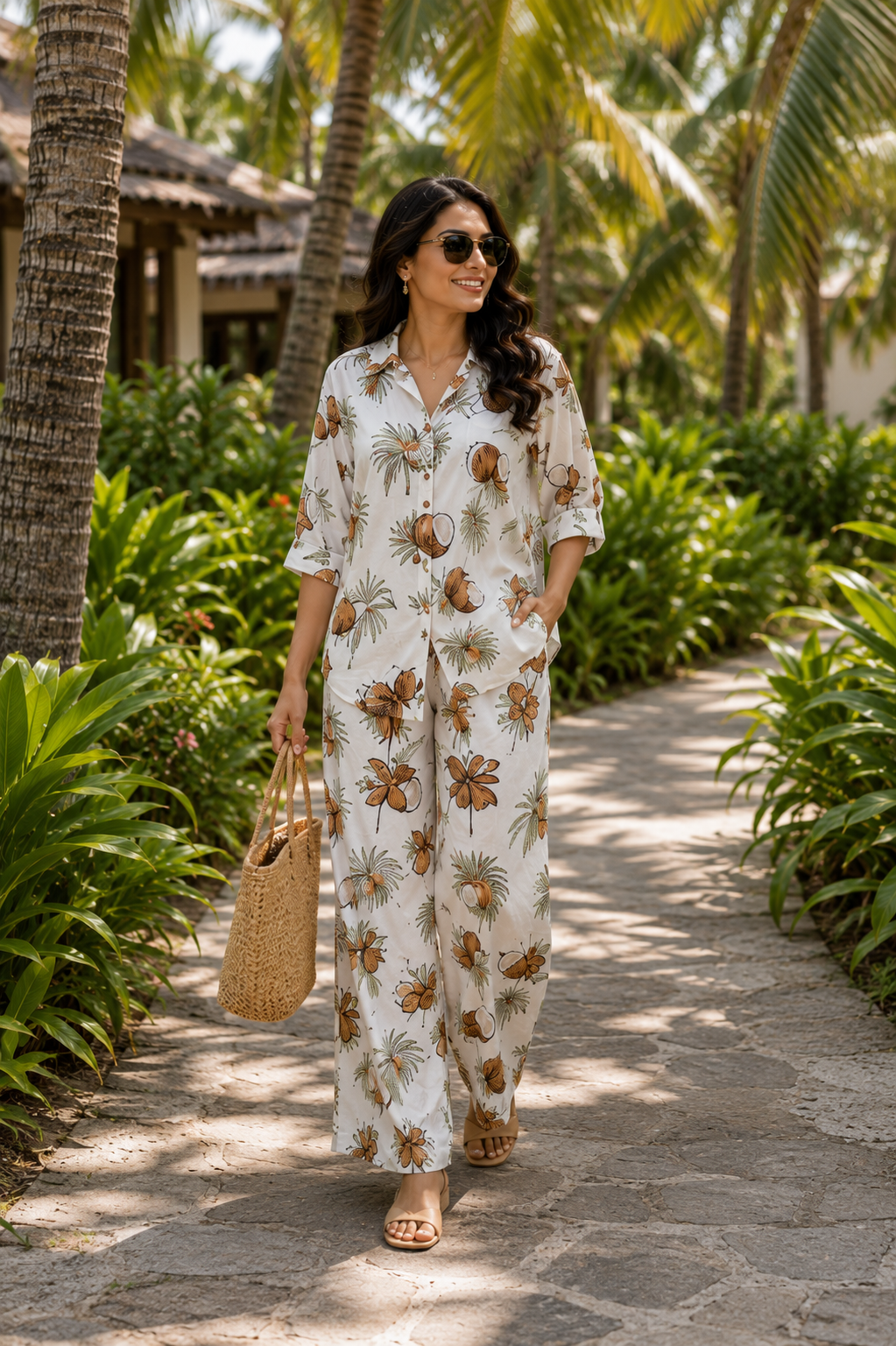 Coconut Crush Tropical Print Cotton Linen Co-Ord Set