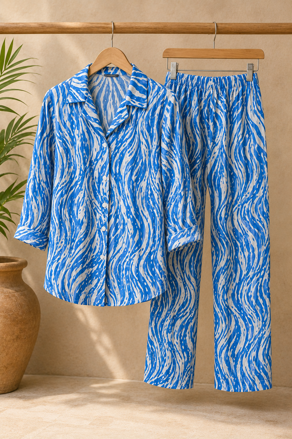 Ocean Waves Blue Abstract Print Cotton Linen Co-Ord Set