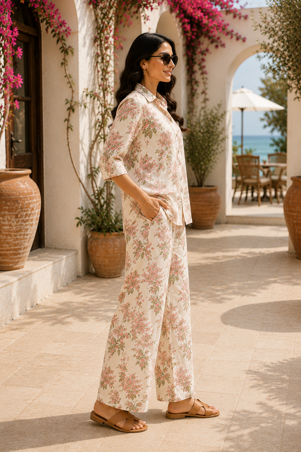 Mediterranean Bloom Floral Cotton Linen Co-Ord Set