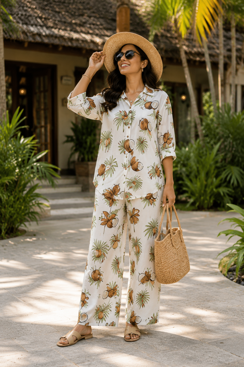 Coconut Crush Tropical Print Cotton Linen Co-Ord Set