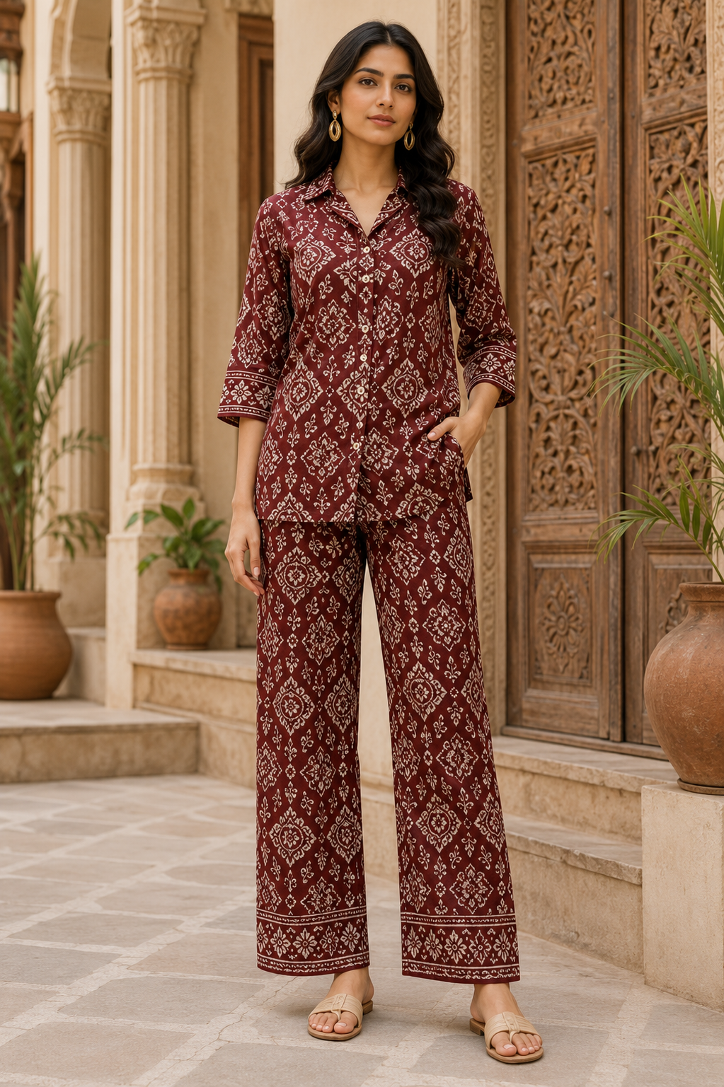 MAROON AJRAKH INSPIRED Cotton Co-Ord Set for Women