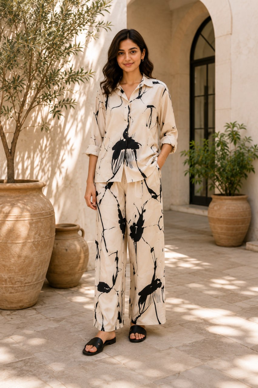 Ivory Ink Splash Cotton Linen Co-Ord Set for Women
