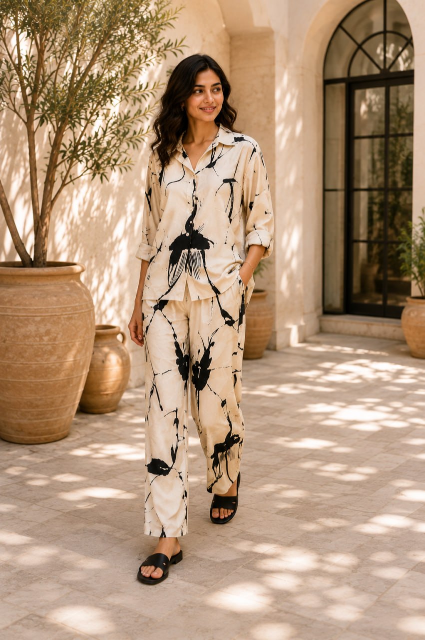 Ivory Ink Splash Cotton Linen Co-Ord Set for Women