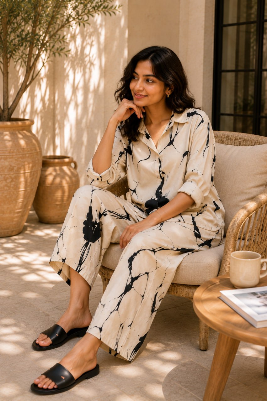 Ivory Ink Splash Cotton Linen Co-Ord Set for Women