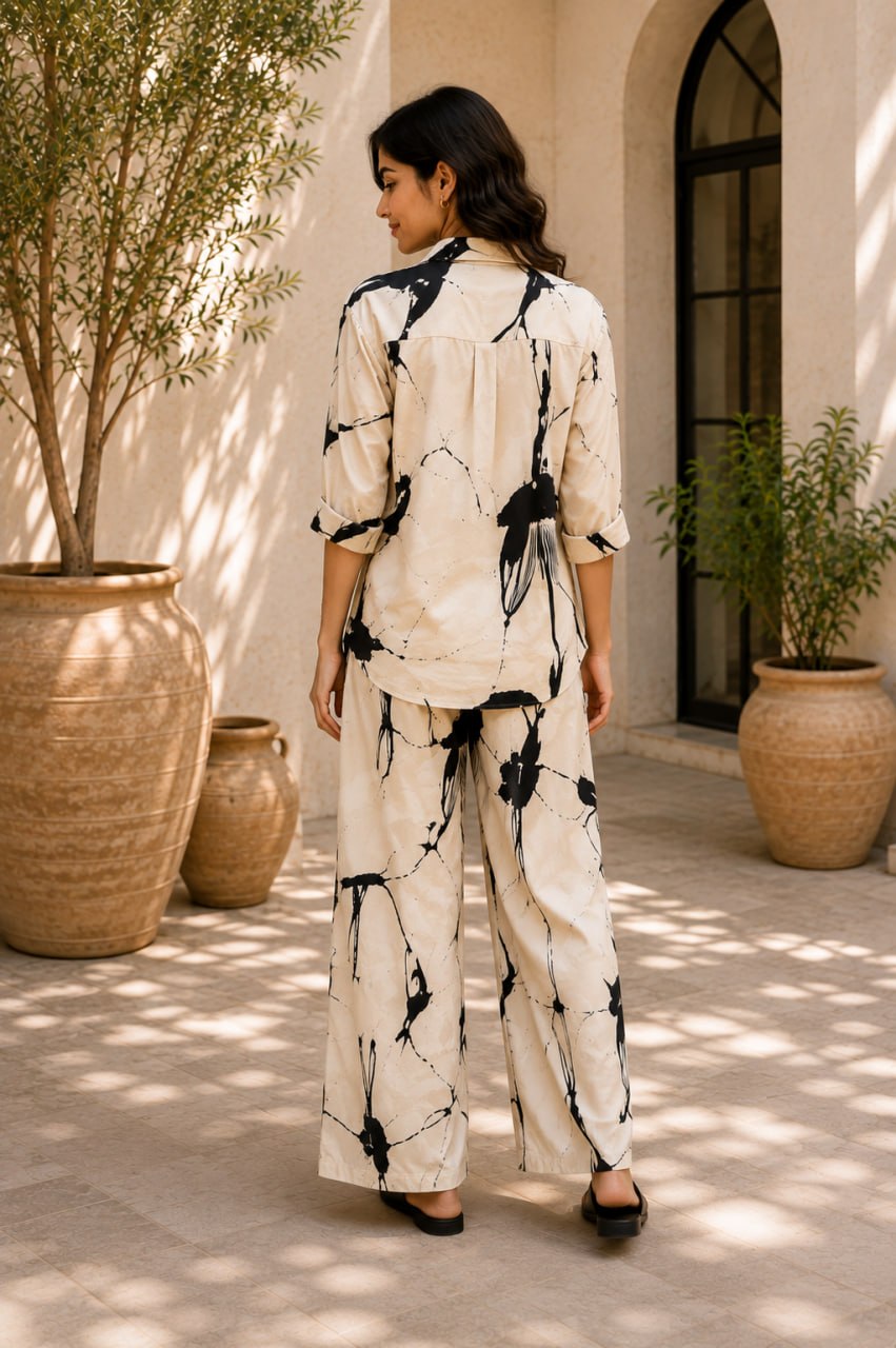 Ivory Ink Splash Cotton Linen Co-Ord Set for Women