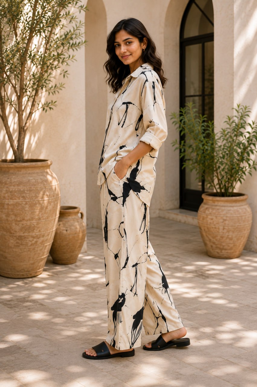 Ivory Ink Splash Cotton Linen Co-Ord Set for Women
