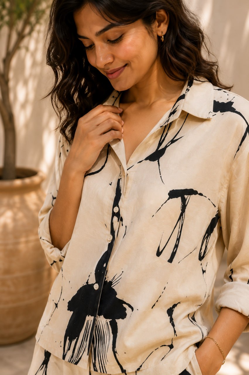 Ivory Ink Splash Cotton Linen Co-Ord Set for Women