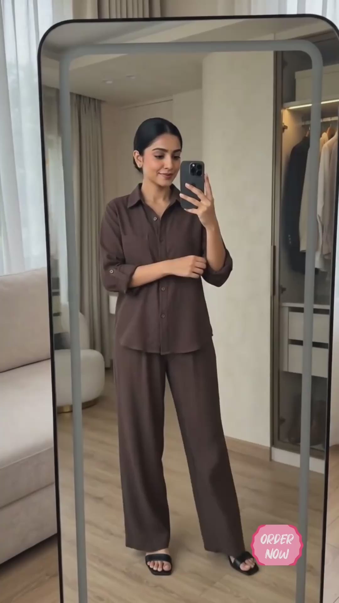 COFFEE BROWN Premium Linen Blend Relaxed Co-Ord Set