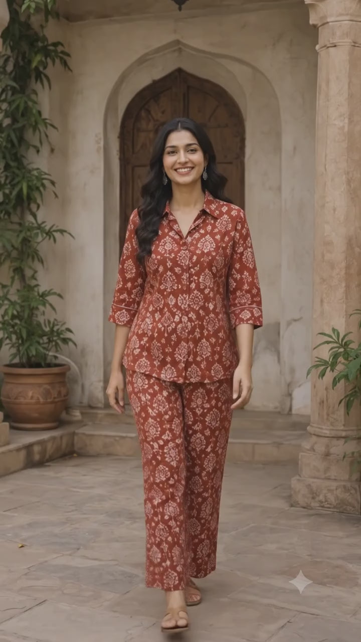 Rust Handblock Cotton Co-Ord Set for Women