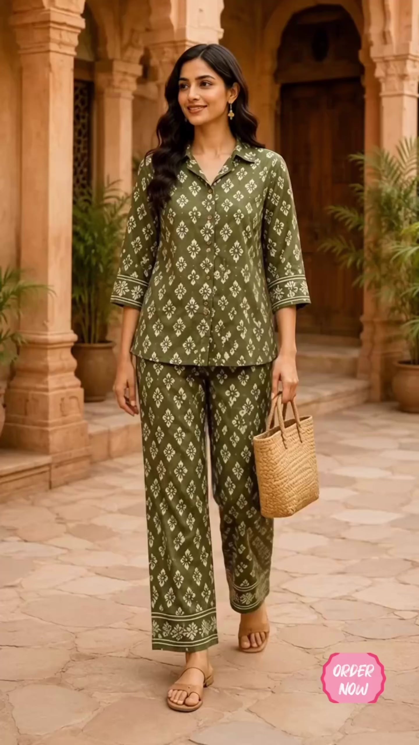 Olive Dabu Cotton Co-Ord Set for Women