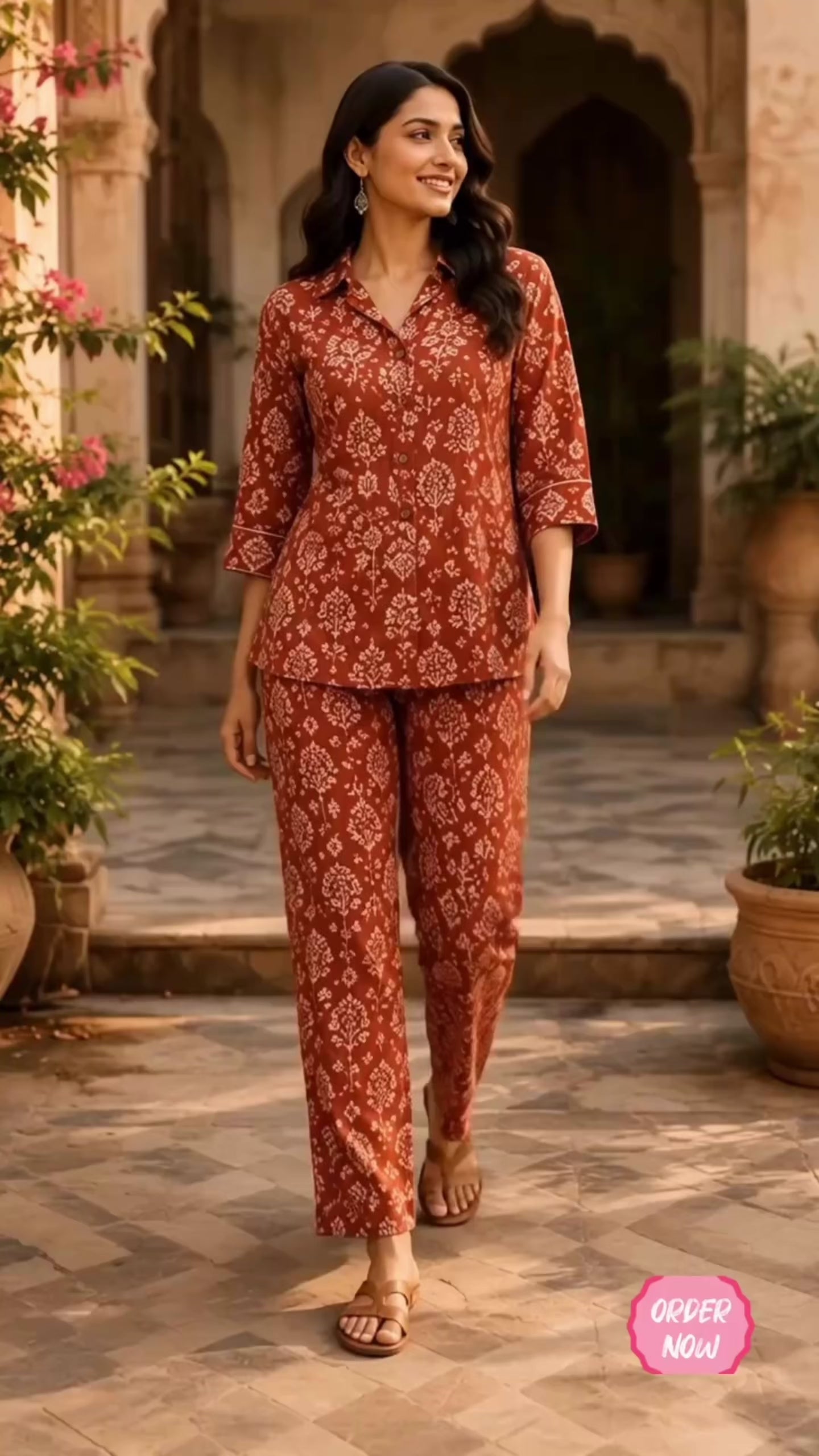 Rust Handblock Cotton Co-Ord Set for Women