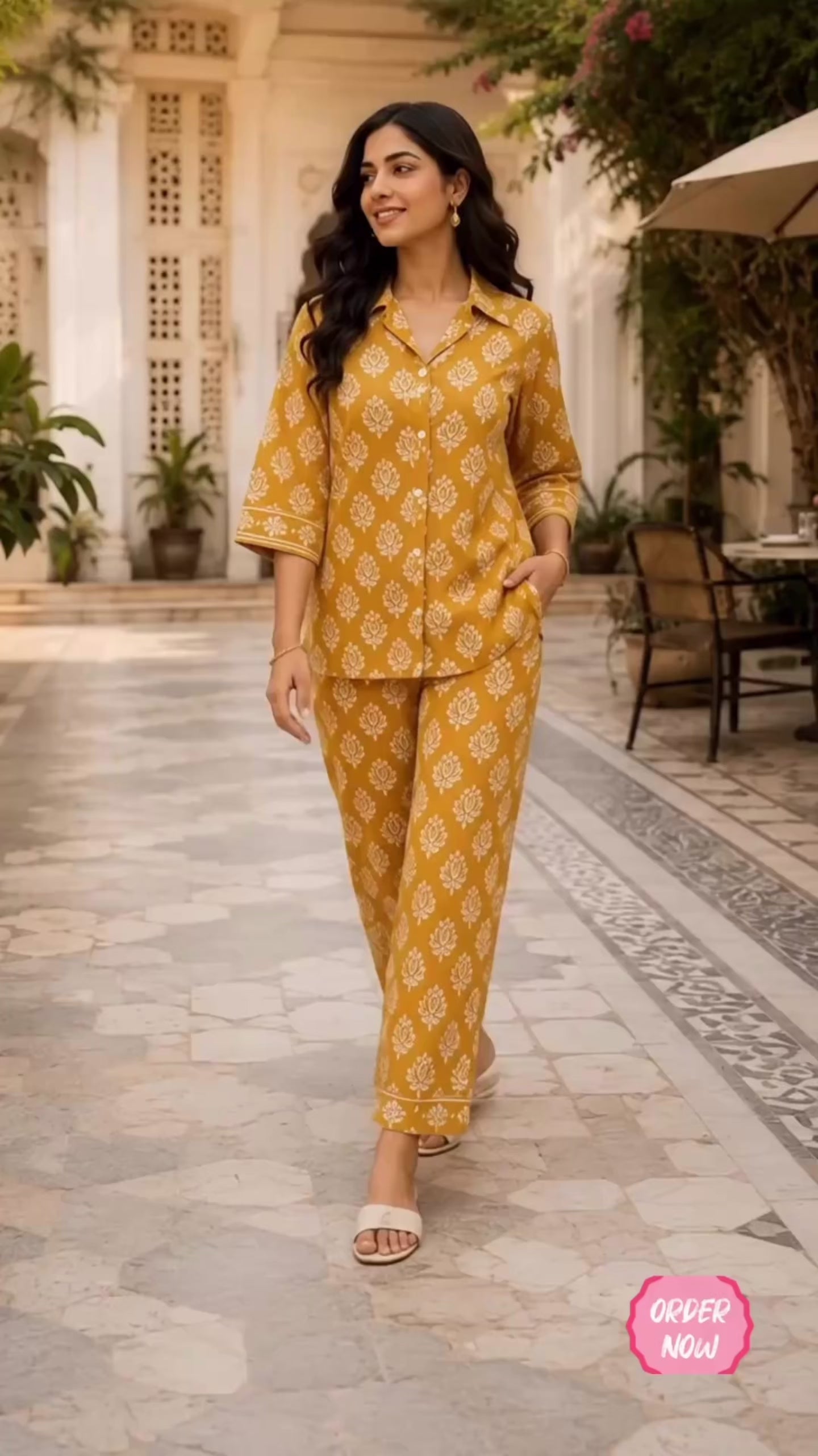 Mustard Lotus Cotton Co-Ord Set for Women