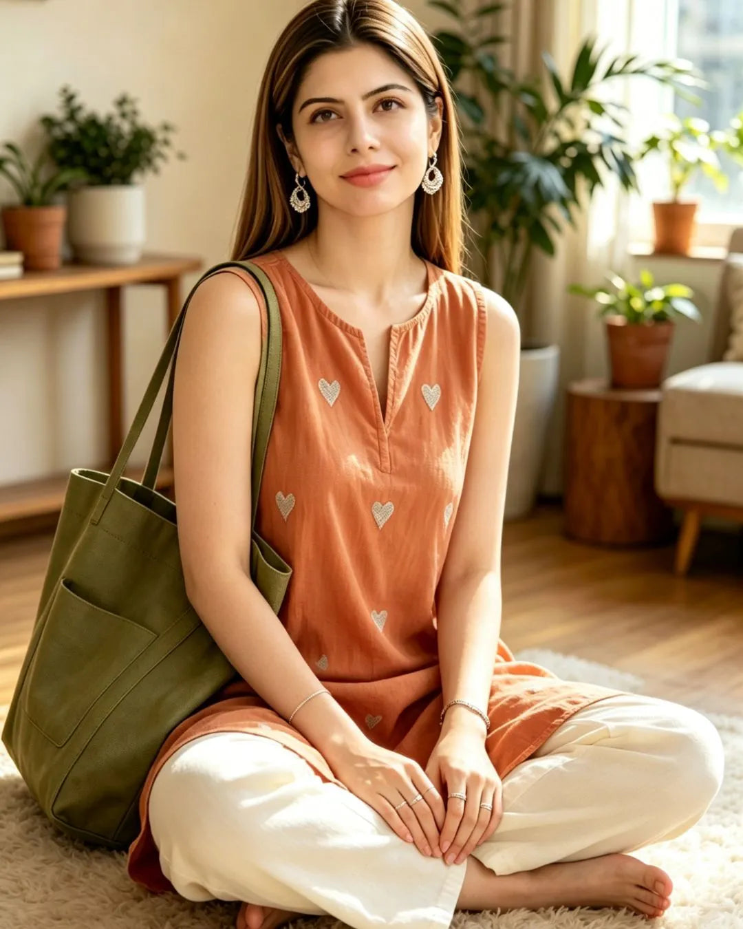 Rust Orange Heart  Mulmul Cotton Co-Ord Set