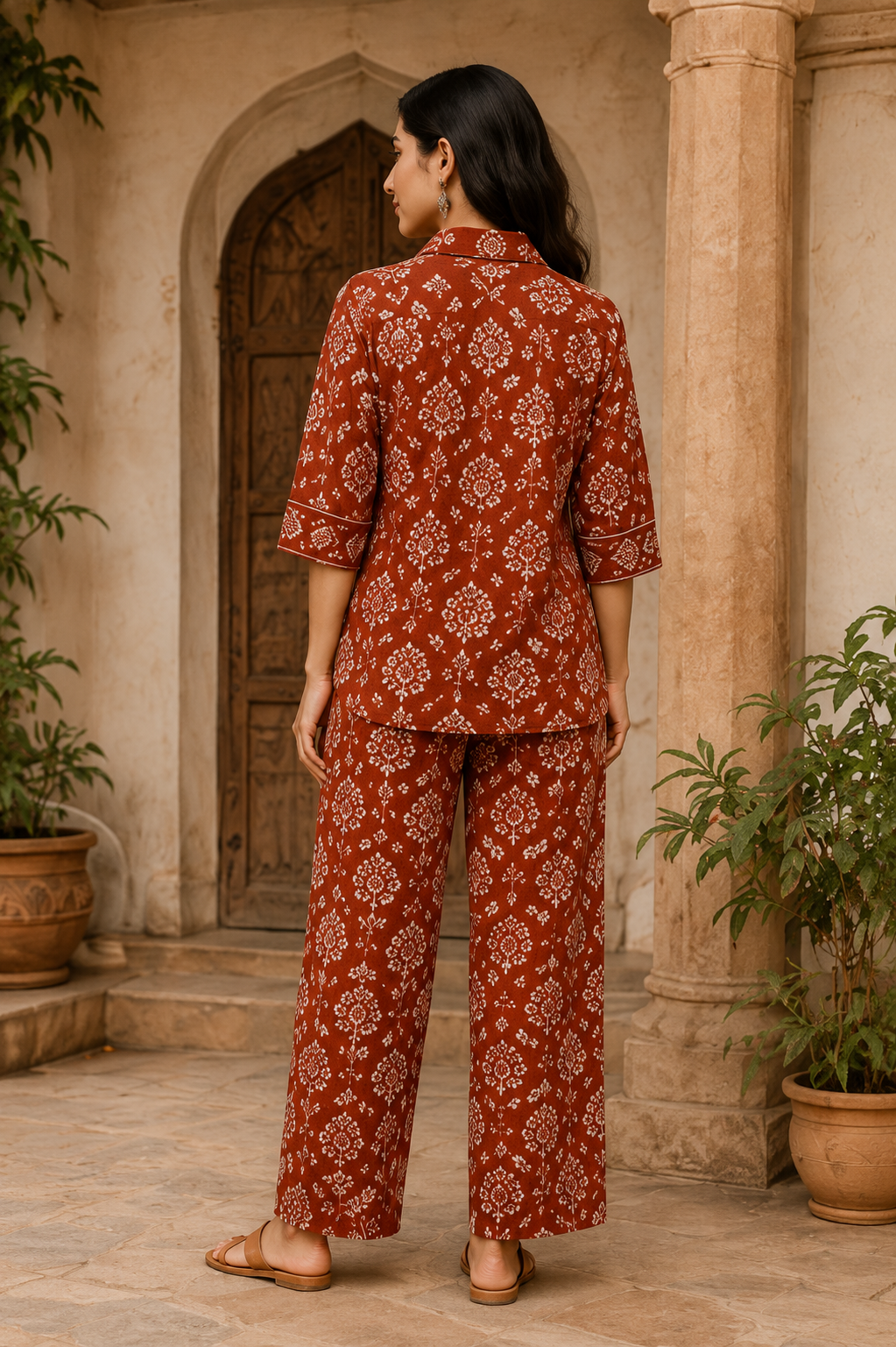 Rust Handblock Cotton Co-Ord Set for Women