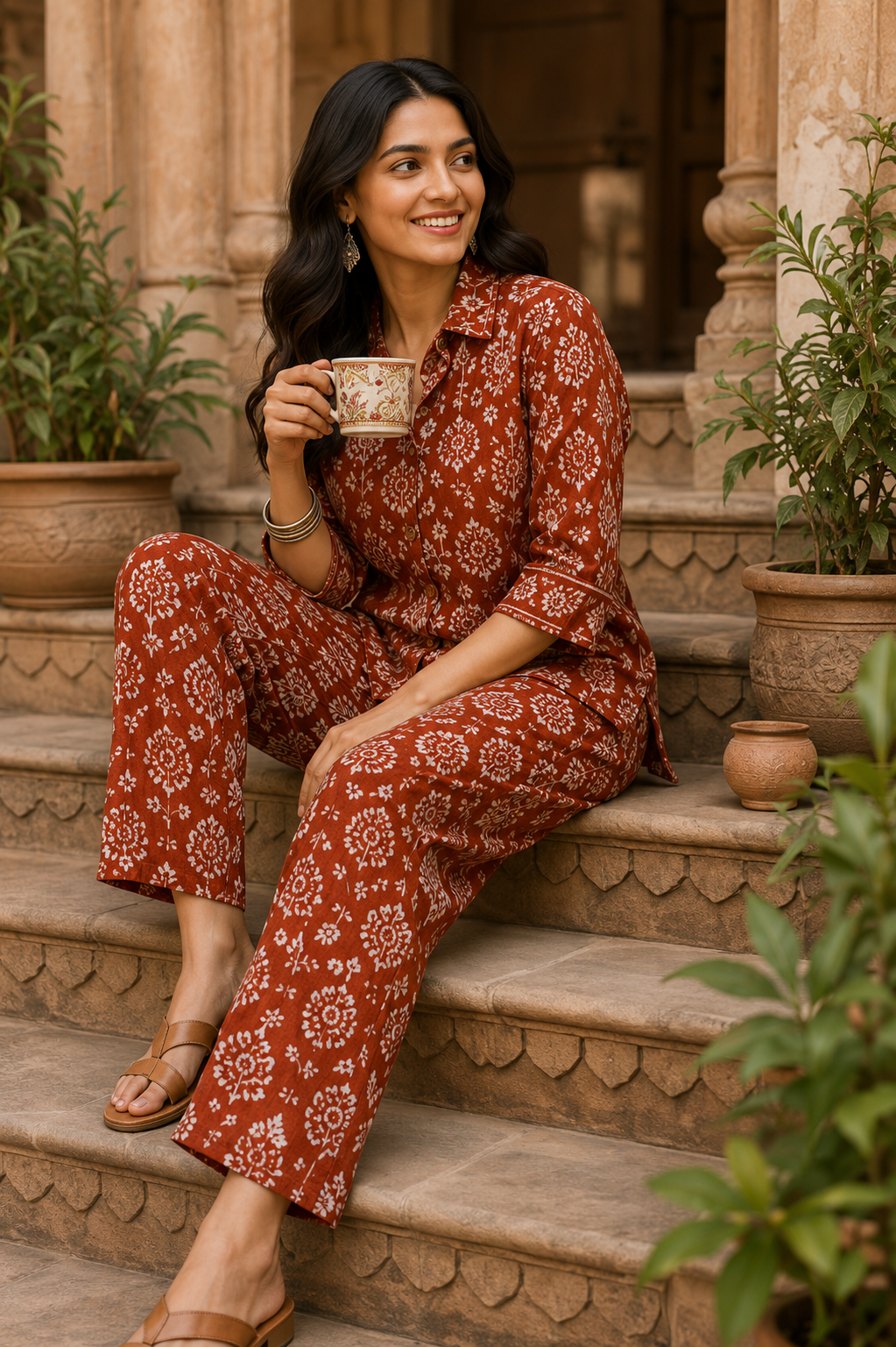 Rust Handblock Cotton Co-Ord Set for Women