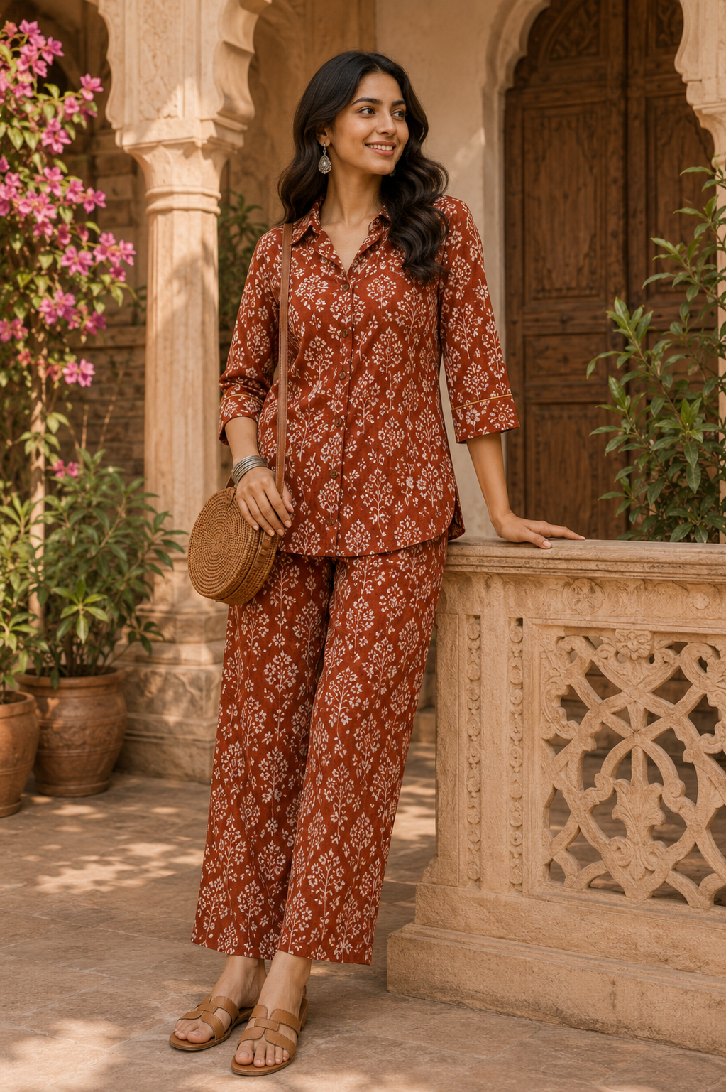 Rust Handblock Cotton Co-Ord Set for Women