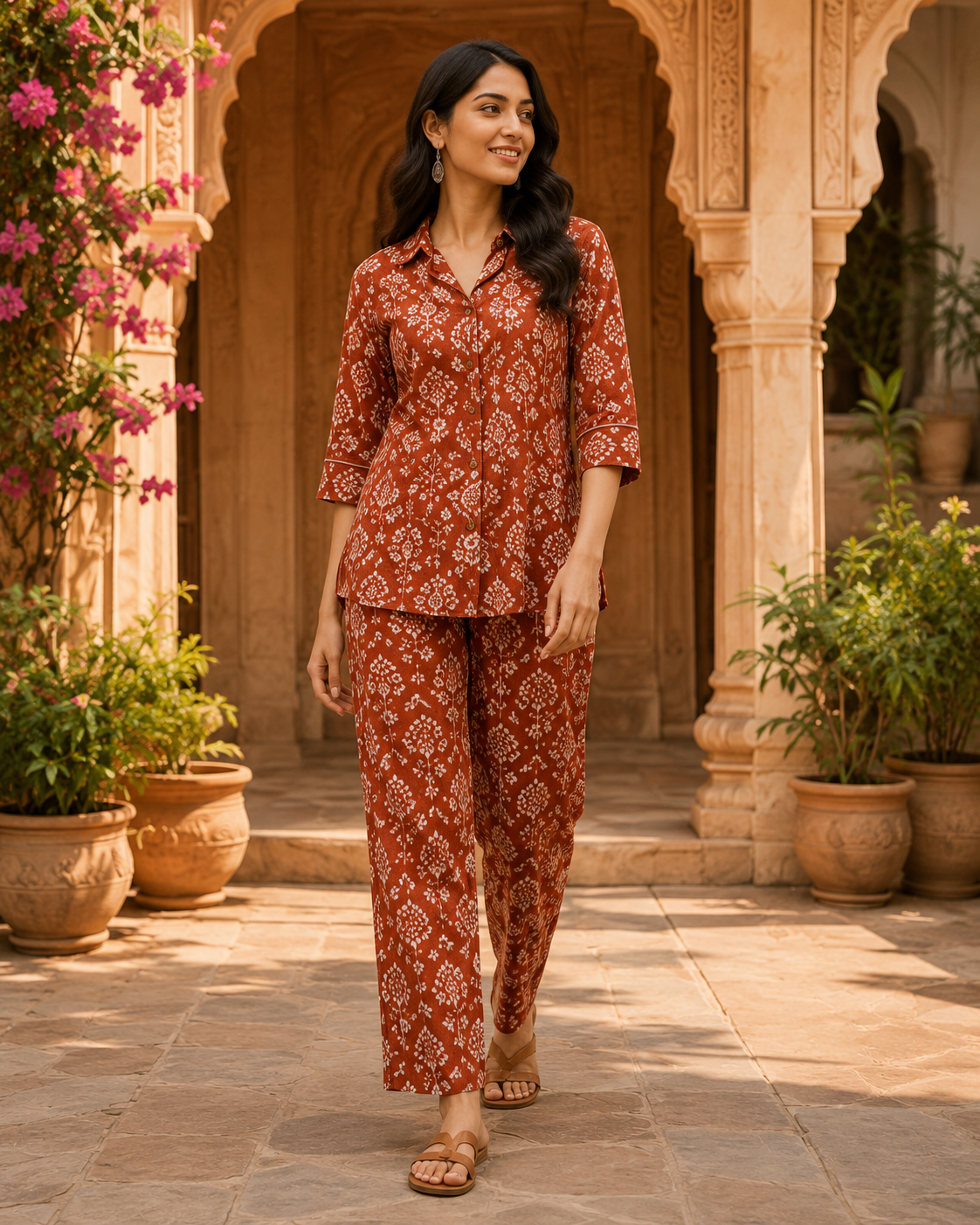 Rust Handblock Cotton Co-Ord Set for Women